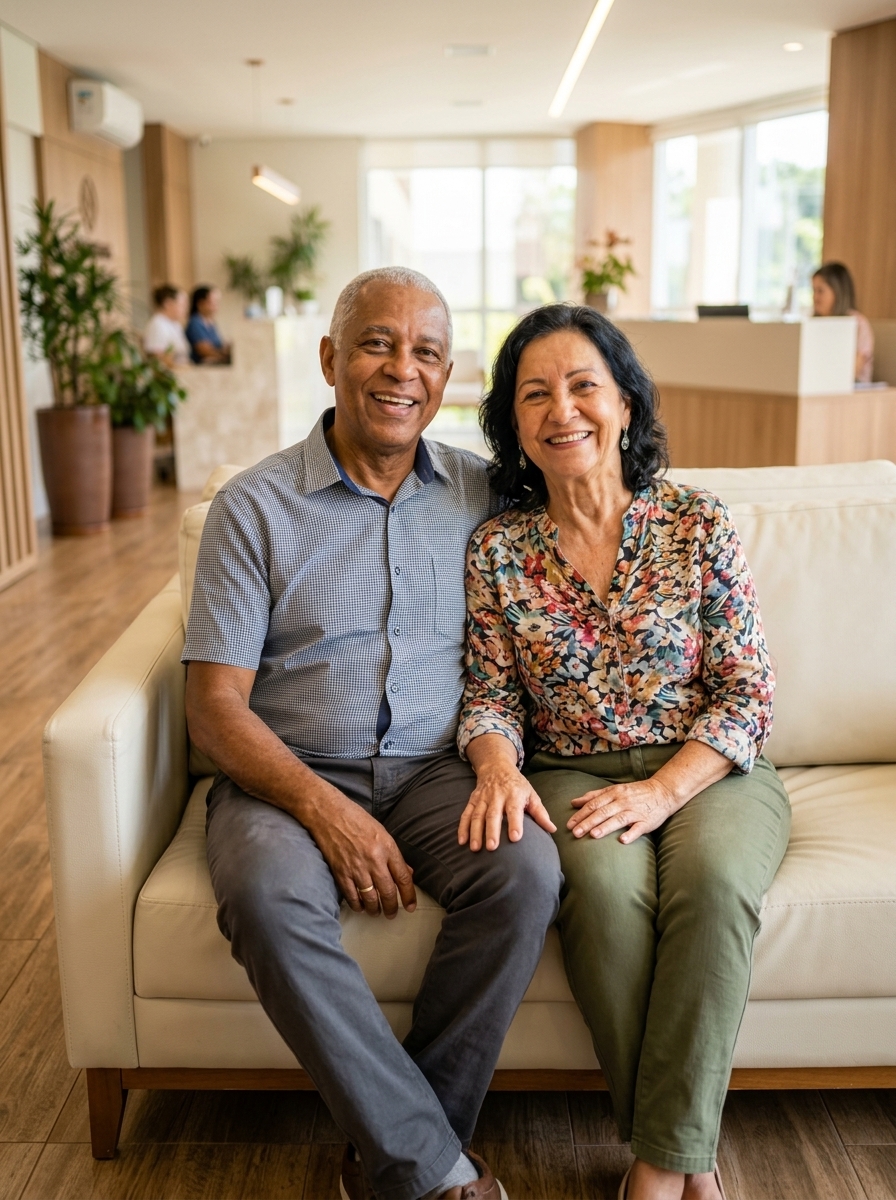 Casal sênior sorrindo com plenitude e visão saudável