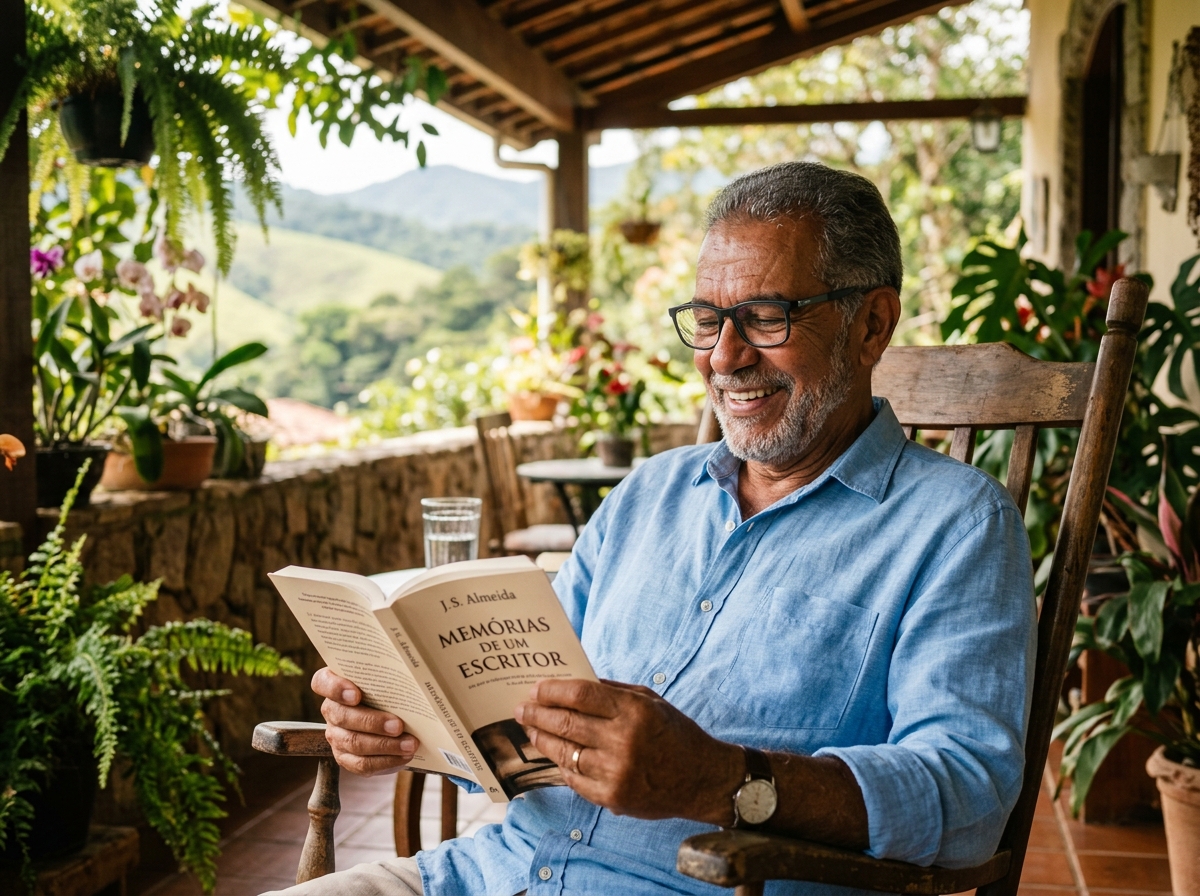 Idosa sorrindo e lendo livro com nitidez e conforto visual